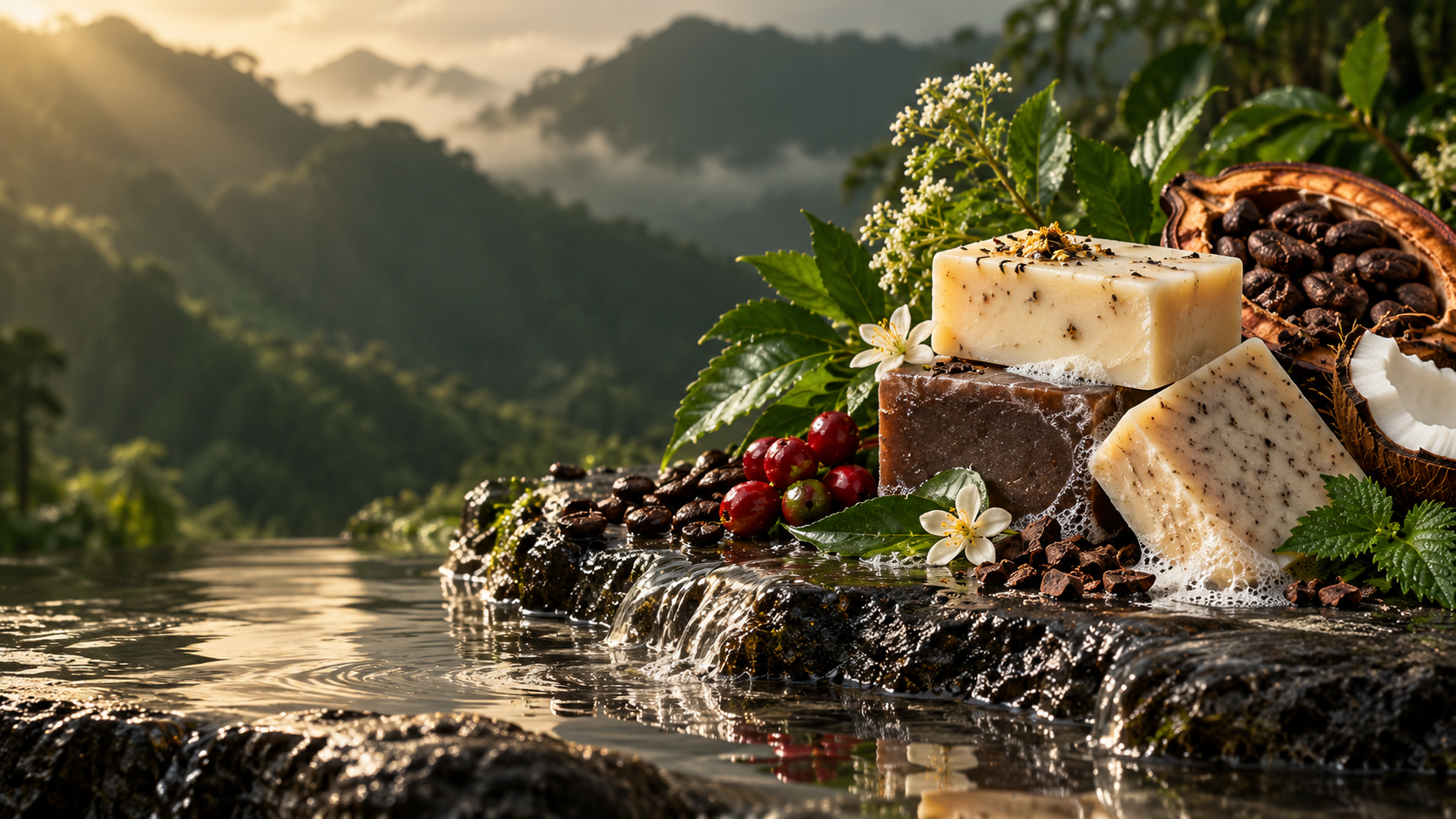 Jabones botánicos con cacao, café, bayas andinas y plantas sobre piedra volcánica